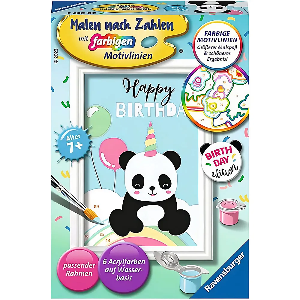 Ravensburger Malen nach Zahlen Farbige Motivlinien Panda Happy Birthday