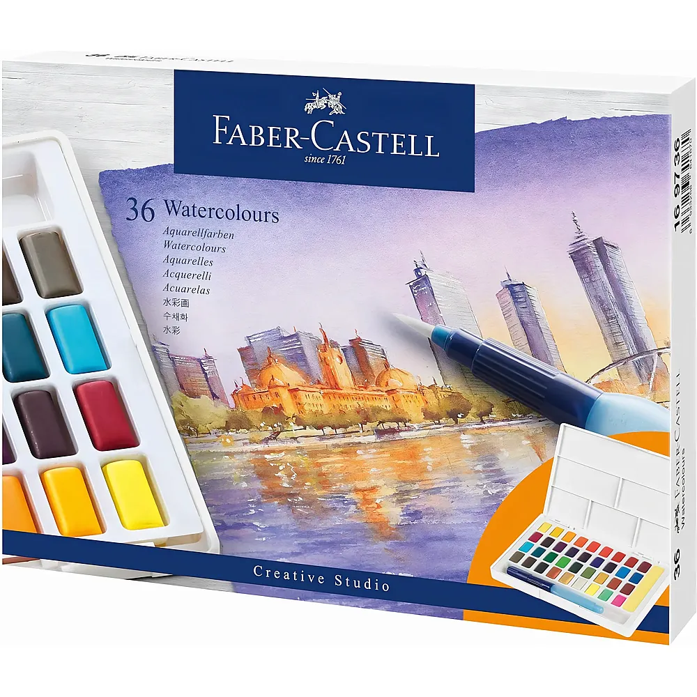 Faber-Castell Aquarellfarben, 36 St�ck in N�pfchen, inklusive Wassertankpinsel