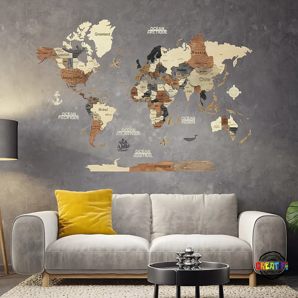 Creatif Wood Carte DU Monde 3D Multicolor M 70x100cm - Suche
