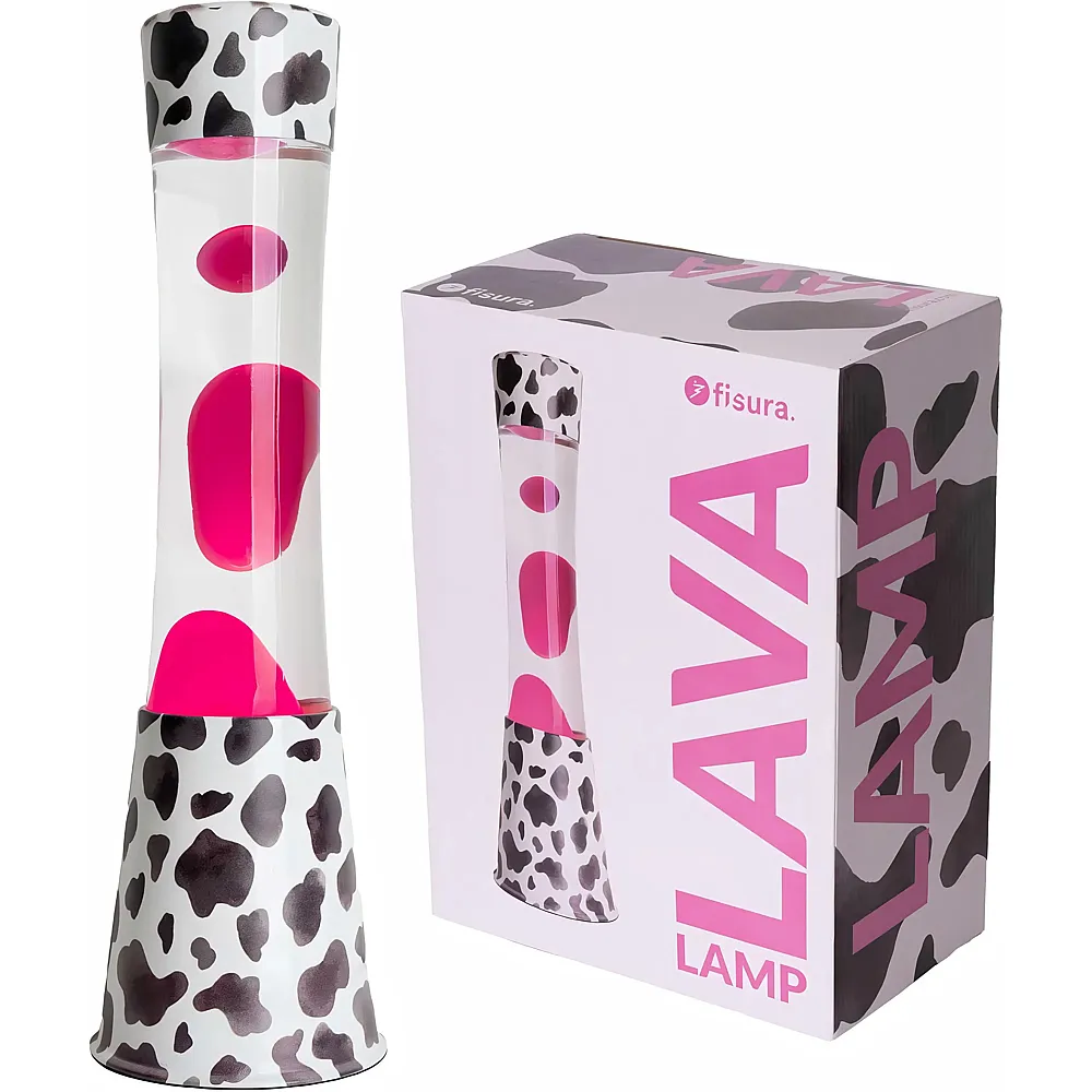 Fisura Lavalampe Kuh. Basis mit Kuhmuster, transparente Fl�ssigkeit und rosa Lava. Entspannungseffekt. Mit Ersatzgl�hbirne.