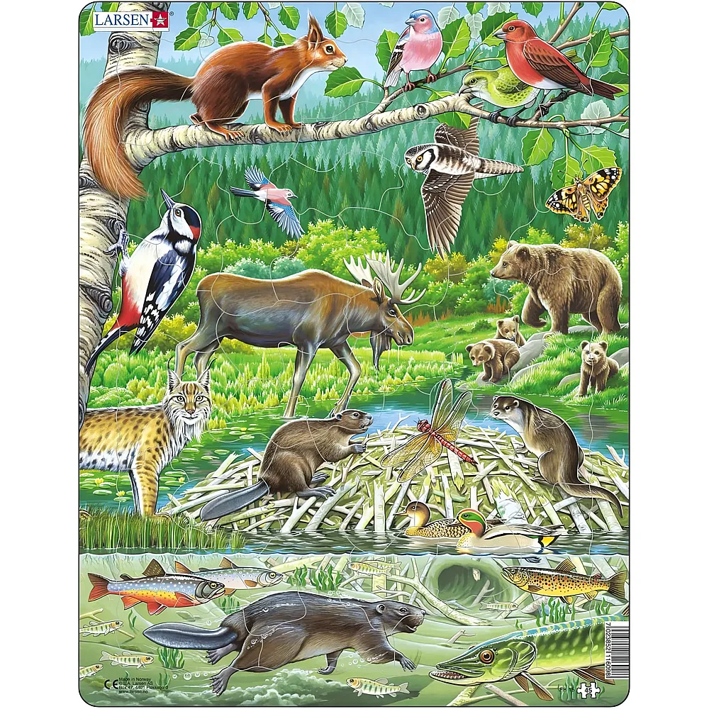 Larsen Puzzle Tiere des skandinavischen Waldes - 45 Teile - Rahmenpuzzle
