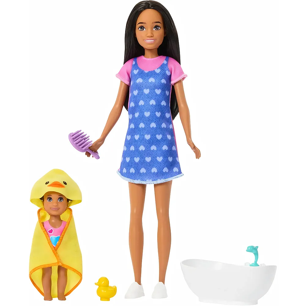Barbie Skipper Babysitters Inc. Puppe Br�nette mit Kleinkind und Badewanne