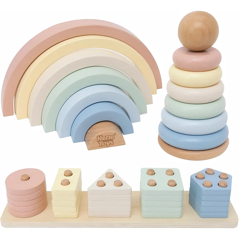 Nene Toys Montessori Holzspielzeug ab 1 Jahr  FSC 3-in-1 Regenbogen, Stapelturm & Sortier-Steckspiel  Motorikspielzeug - Suche