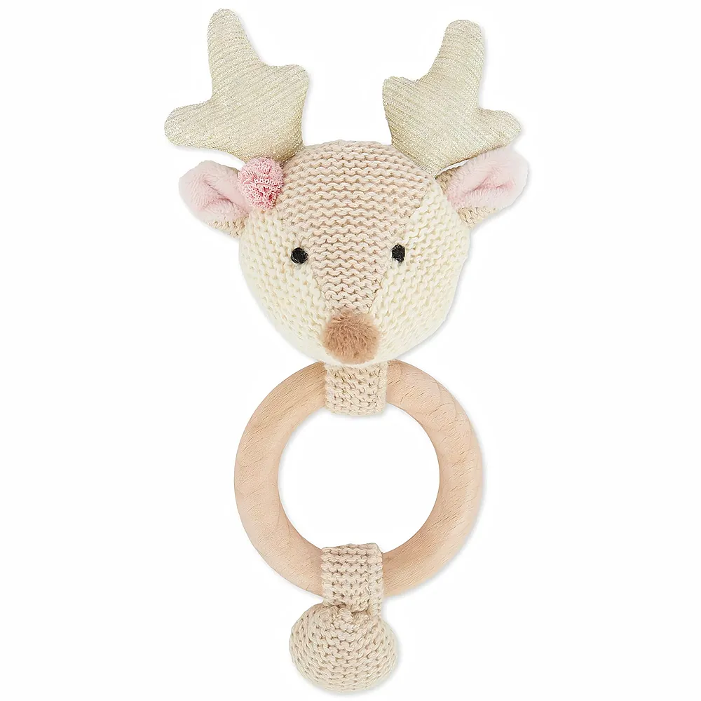 Bieco Hochet pour b�b� faon en coton avec anneau en bois - 17 cm