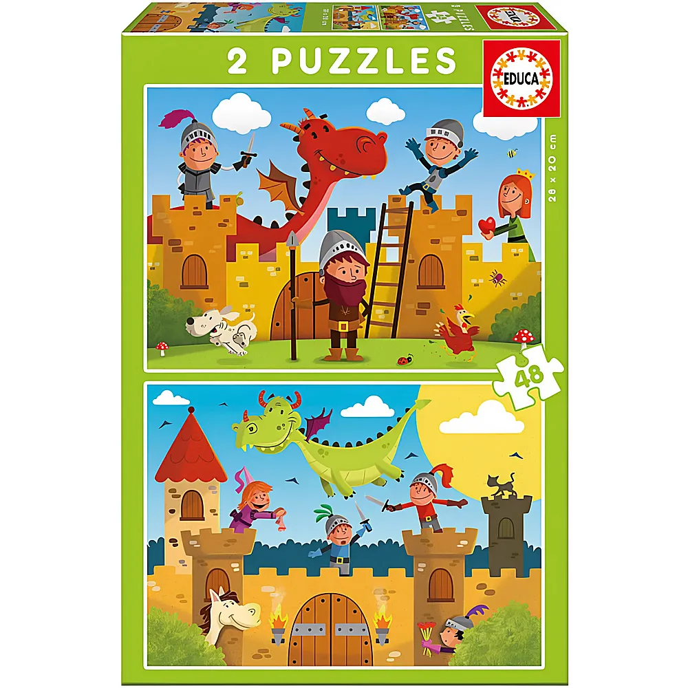 Educa Puzzle Drachen und Ritter 2x48 | Mehrfach-Puzzle