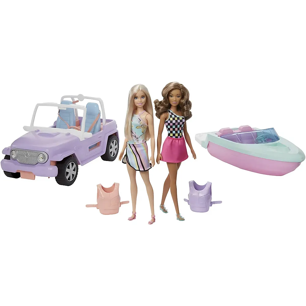 Barbie Geschenkset mit 2 Puppen, Jeep und Boot - Modepuppen