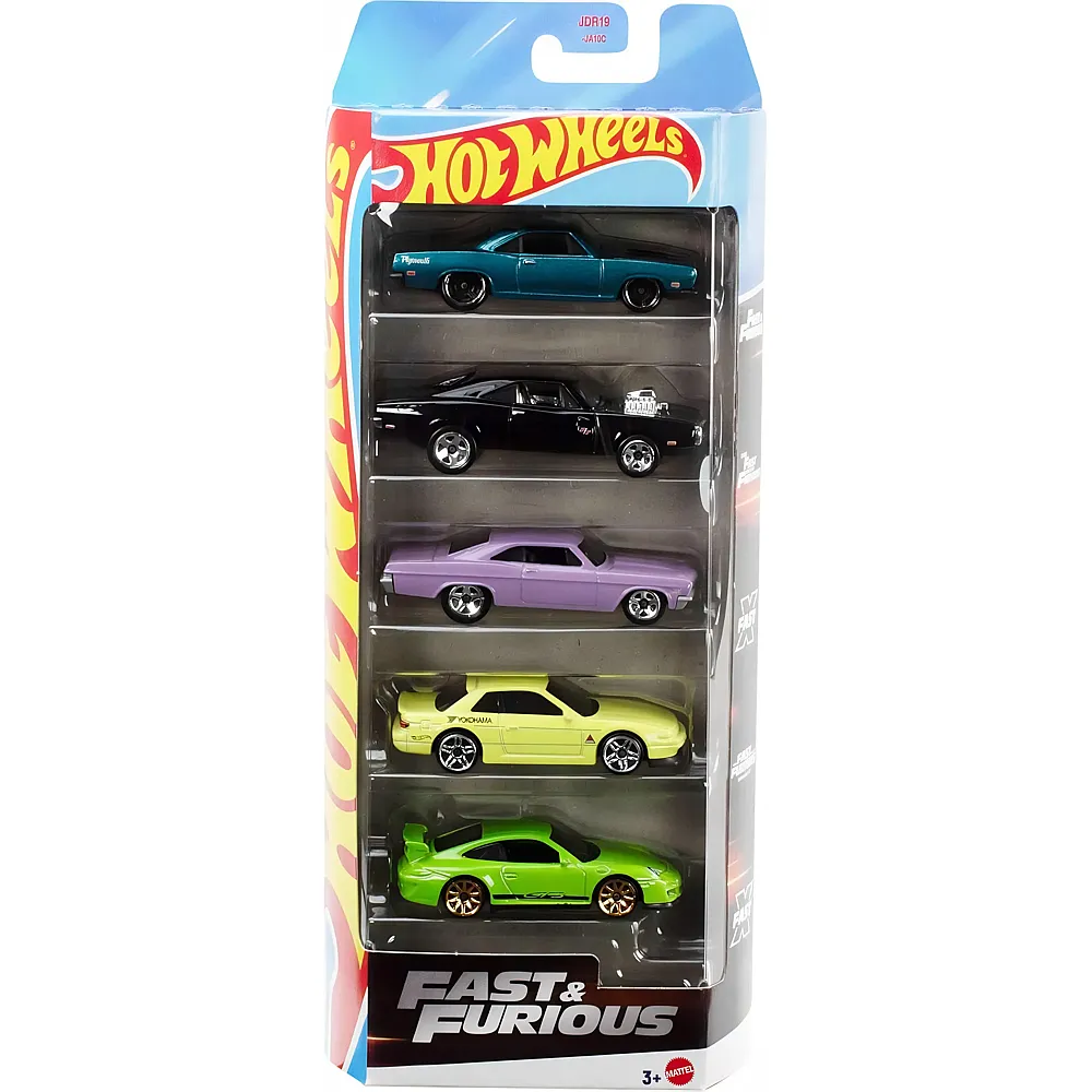 Hot Wheels Fast & Furious Spielzeugautos, Set aus 5 Die-Cast-Fahrzeugen im Massstab 1:64, inspiriert von und bekannt aus der Filmreihe, JDR19