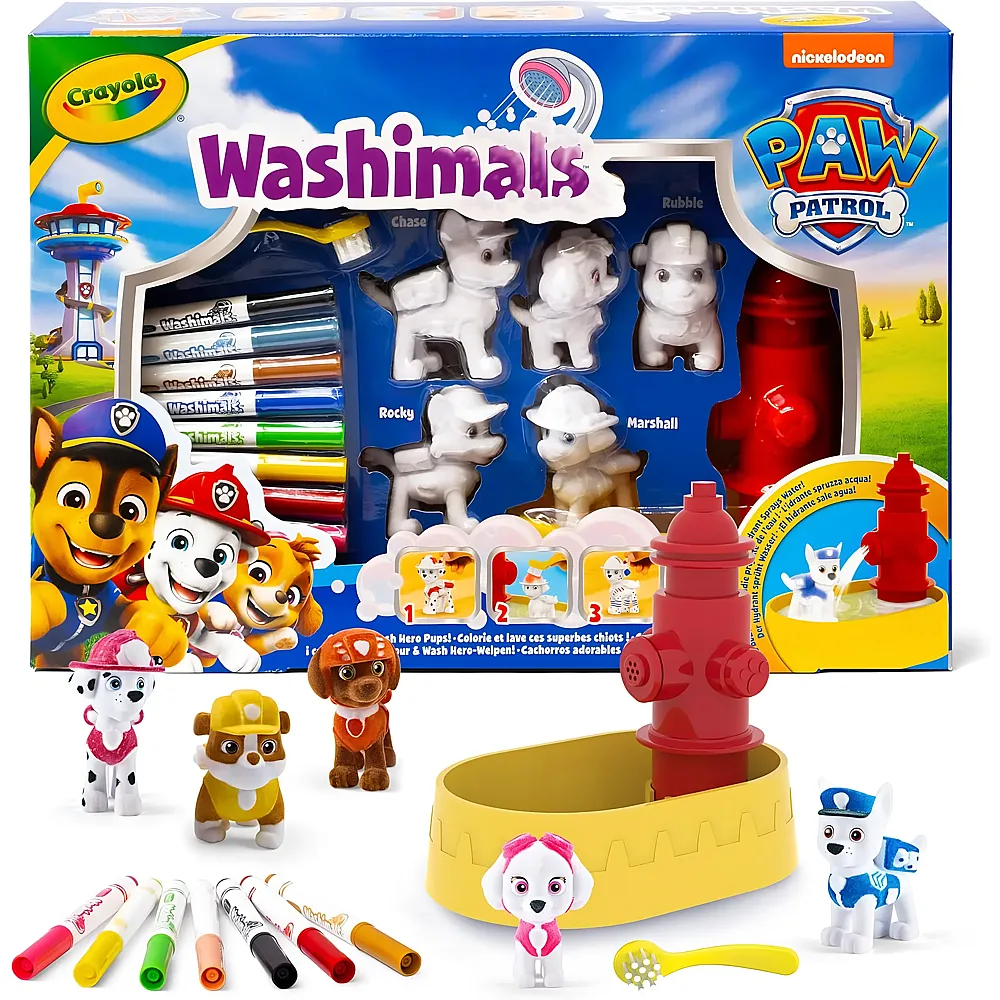 Crayola Washimals Paw Patrol Activity Set mit 5 Welpen, 8 abwaschbaren Filzstiften