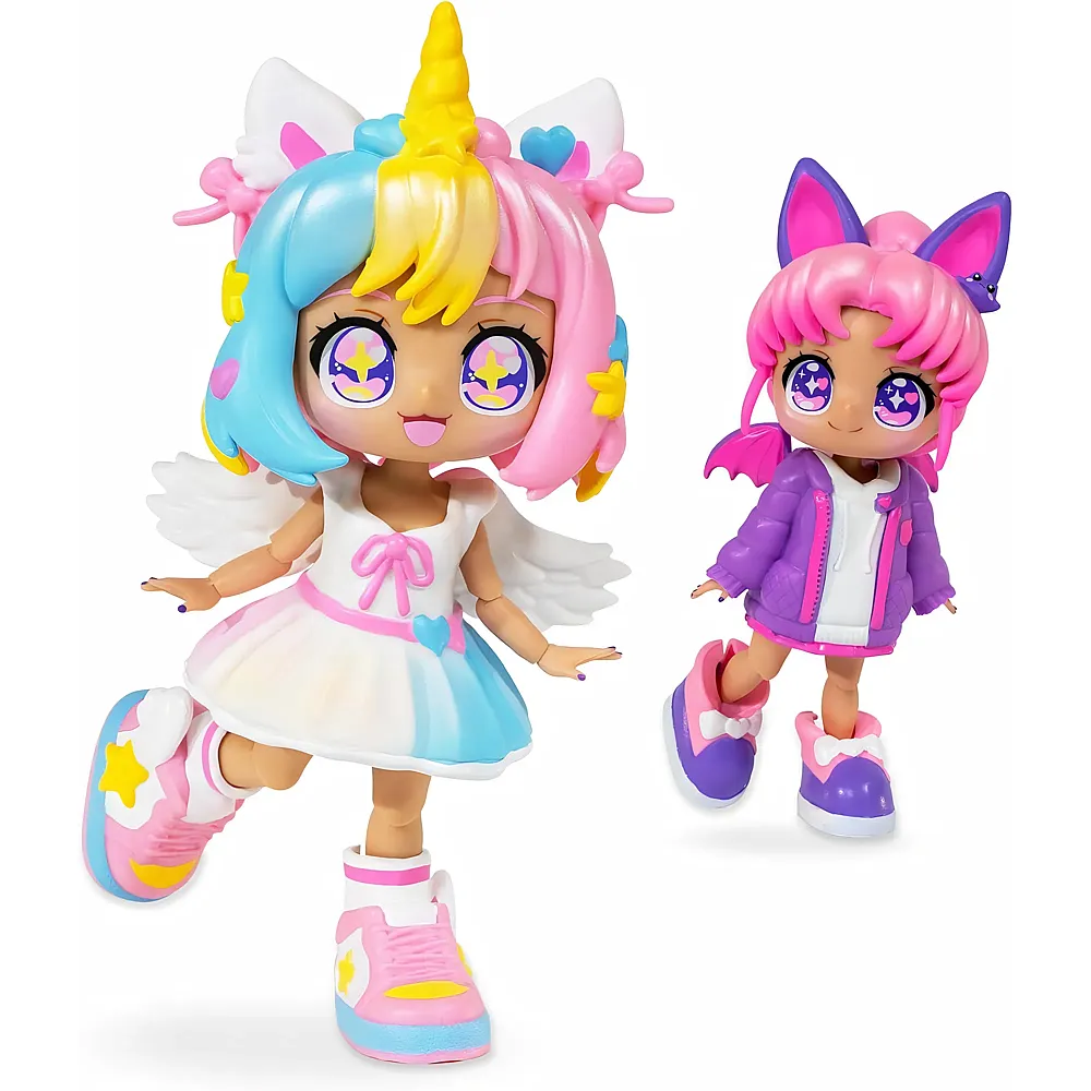 Bandai Animakii Einhorn und Fledermaus - Set Personalisierbare Puppen - 1 Puppe, 4 Gesichter, 2 Frisuren, 2 Outfits, 2 Paar