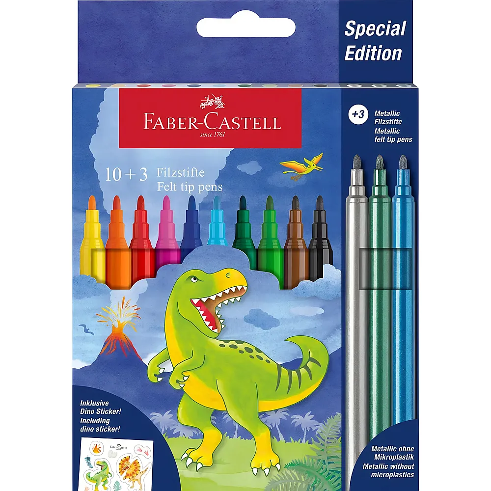 Faber-Castell Kartonetui mit Filzstiften - 10 klassische Farben + 3 Metallstifte - Dinosaurier-Edition - 13 Teile