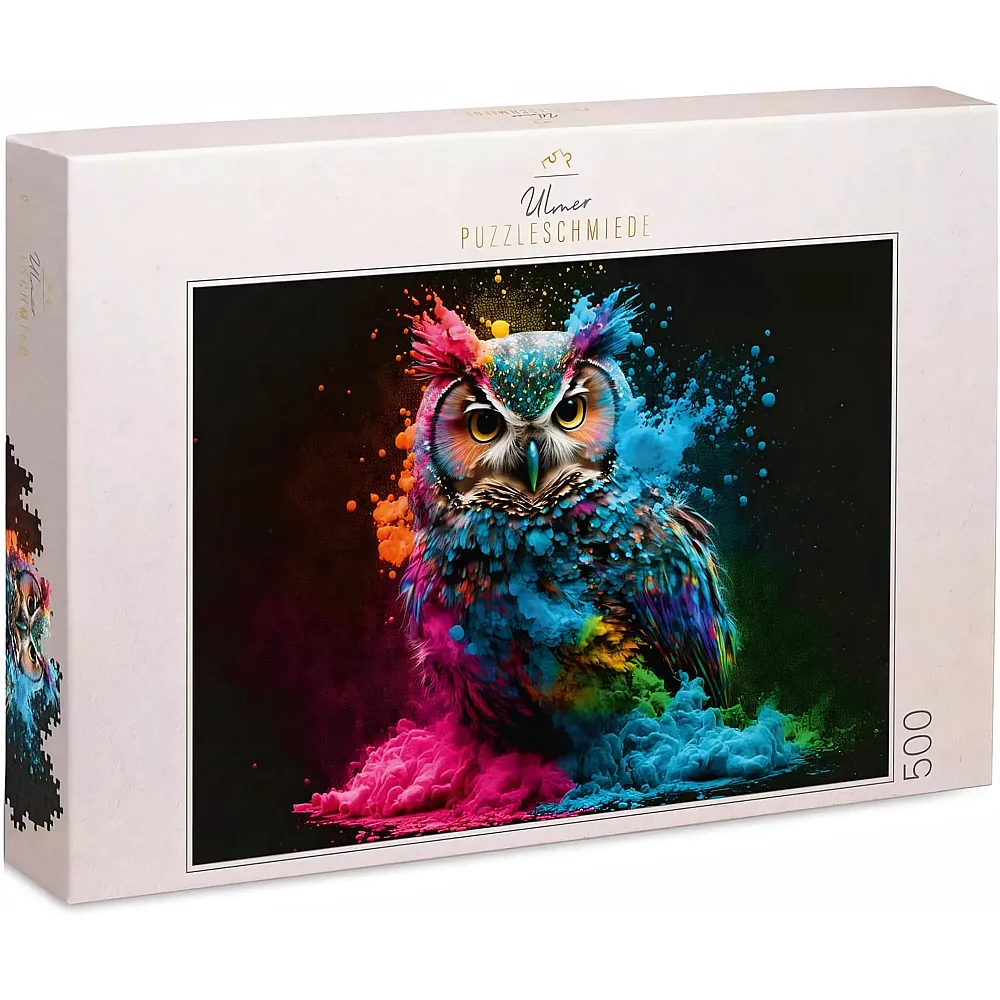 Ulmer Puzzleschmiede Bunter Nachtvogel - Eulen-Portrait mit knalliger Farb-Explosion - 500 Teile