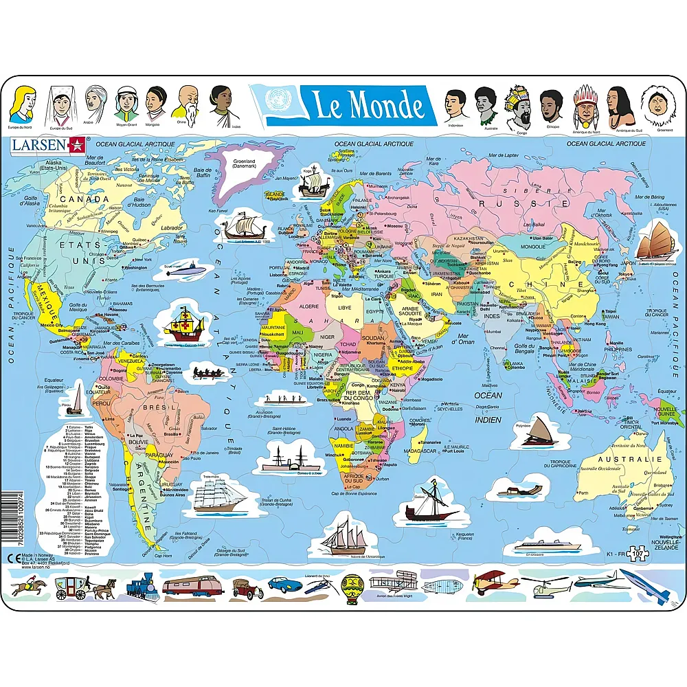 Larsen Puzzle Weltkarte - 107 Teile
