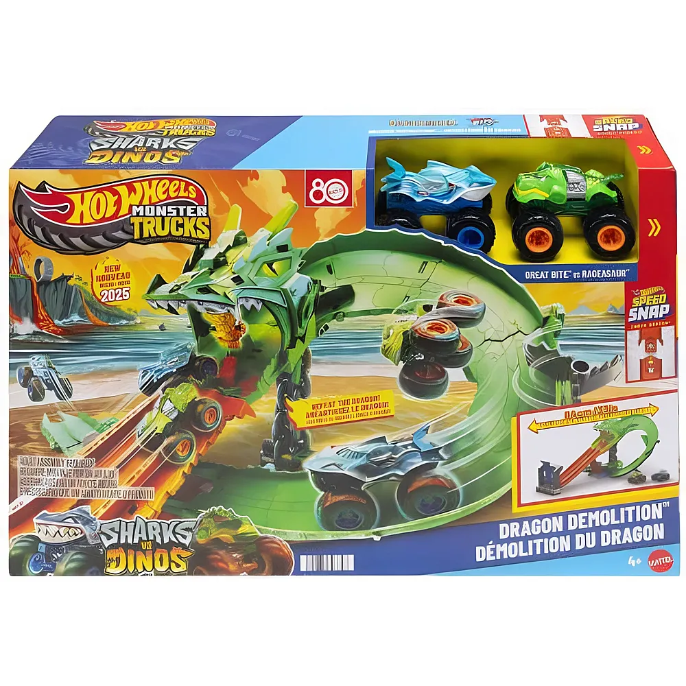 meinspielzeug - Hot Wheels Monster Trucks Sharks vs. Dino Dragon | Rennbahn Sets