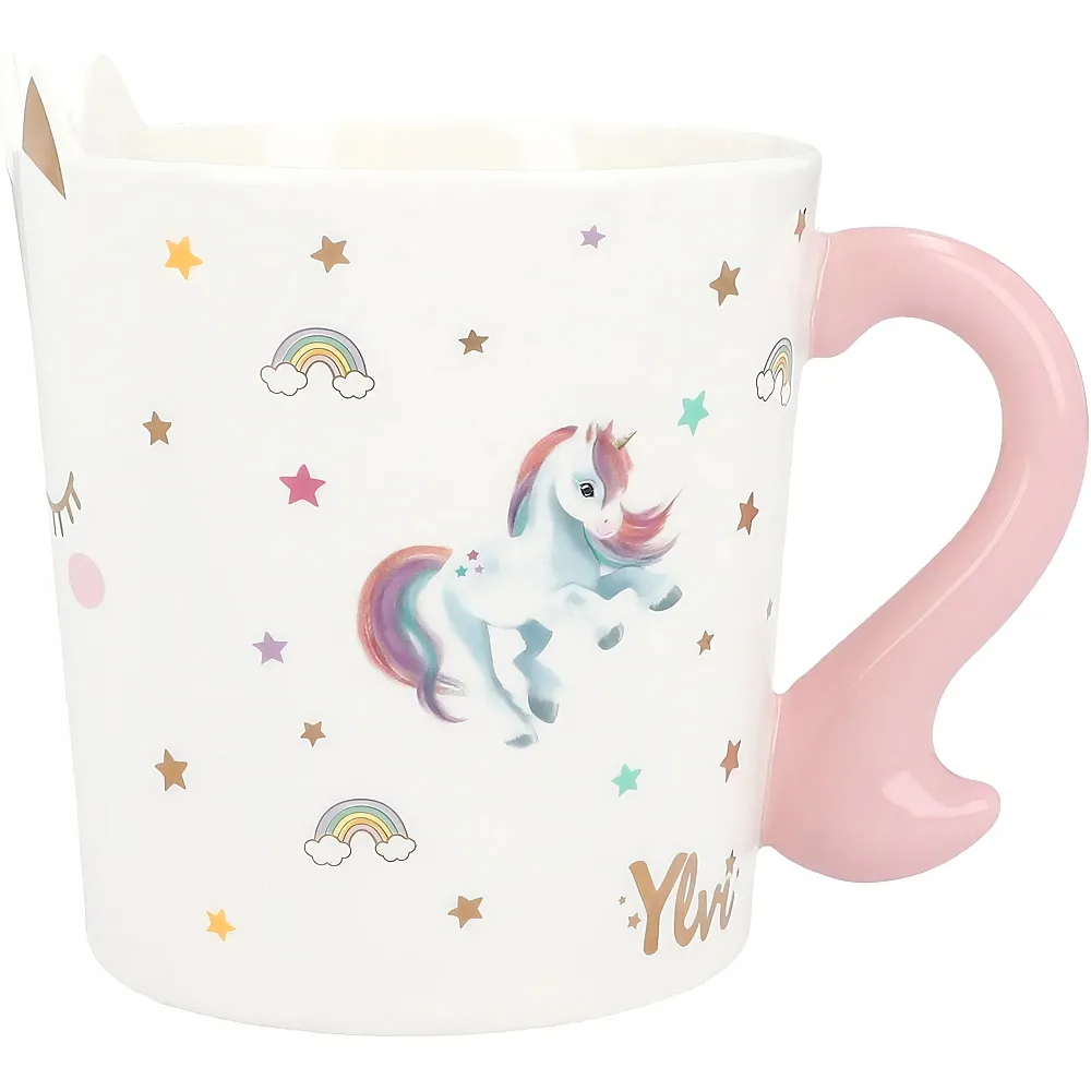 Depesche Ylvi Becher Einhorn - Tasse in Weiss mit goldenem Einhorn-Aufdruck und Spruch, Trinkbecher aus Porzellan mit rosa