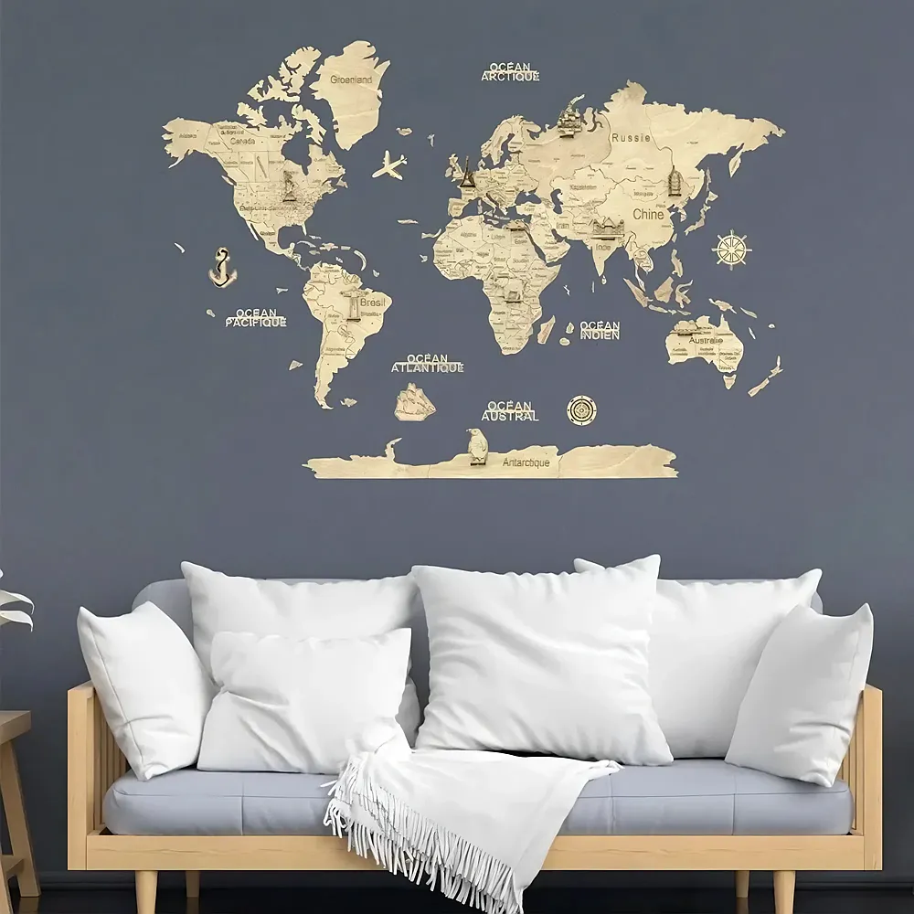 Creatif Wood Carte DU Monde 2D Claire M 70x100cm FR - Suche