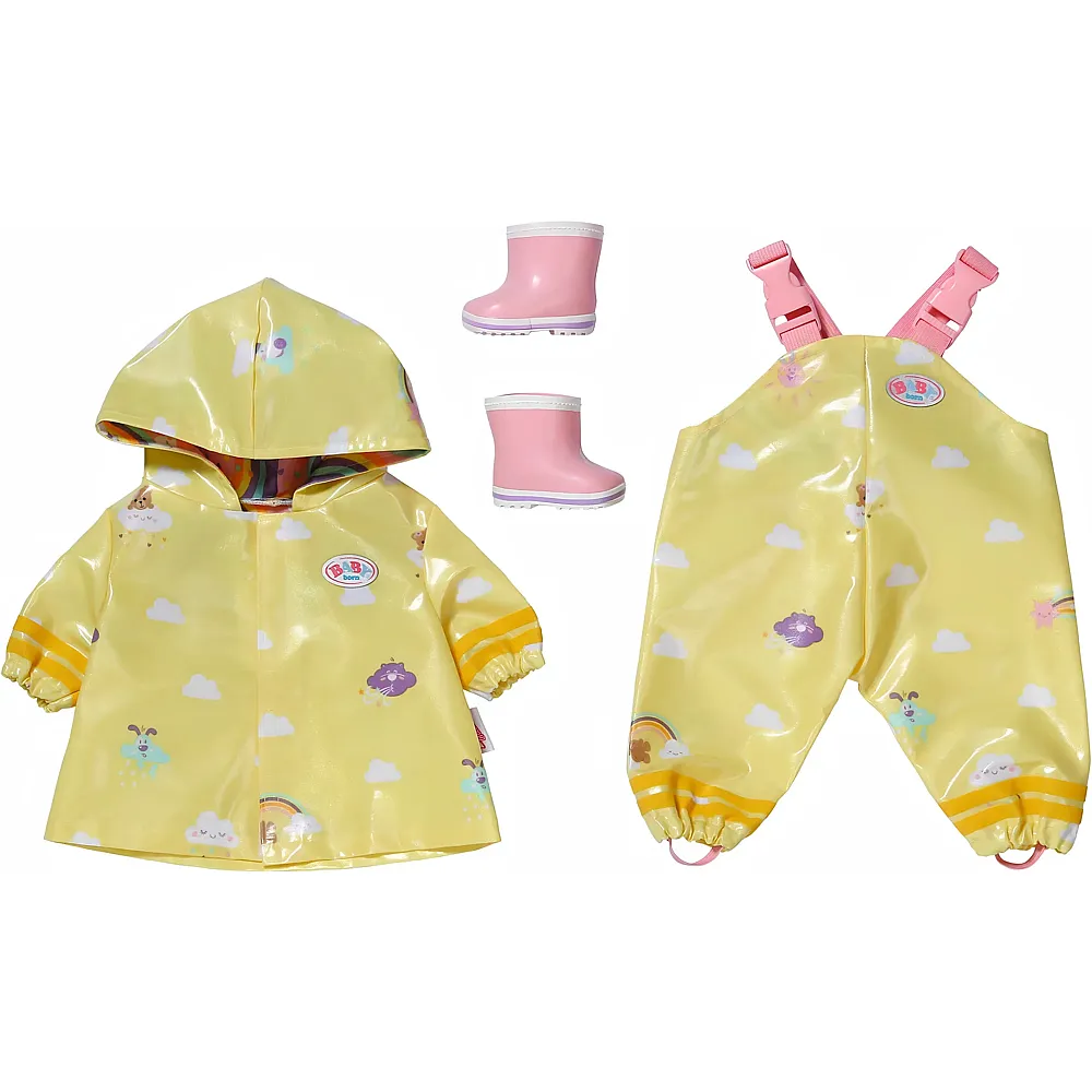 Zapf Creation Baby Born Regen-Oufit mit Regenmantel, Regenhose und Gummistiefeln - 43 cm