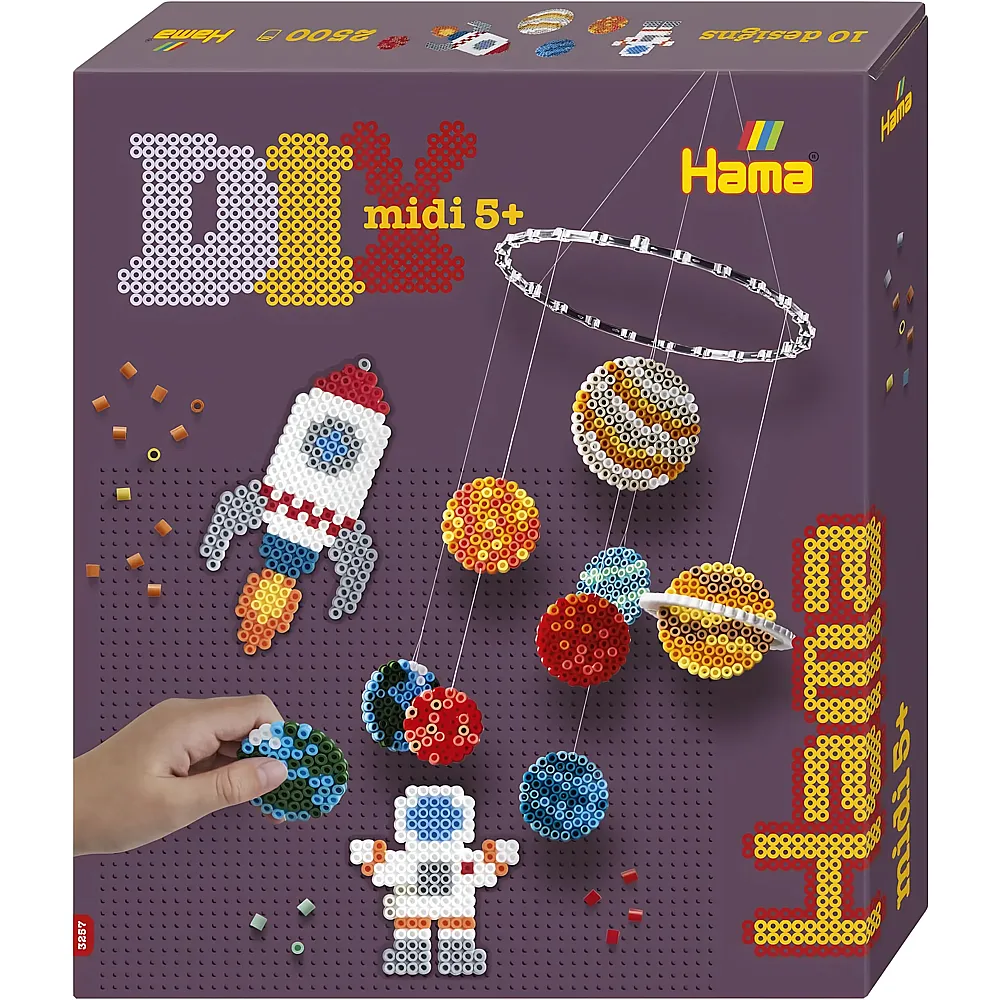 Hama Perlen 3257 B�gelperlen Weltraum, Geschenkpackung mit ca. 2.500 Midi-Perlen, 2 Stiftplatten, Mobile-Ring, Schnur, Motiv-Vorlage, B�gelpapier, f�r Kinder ab 5 Jahren