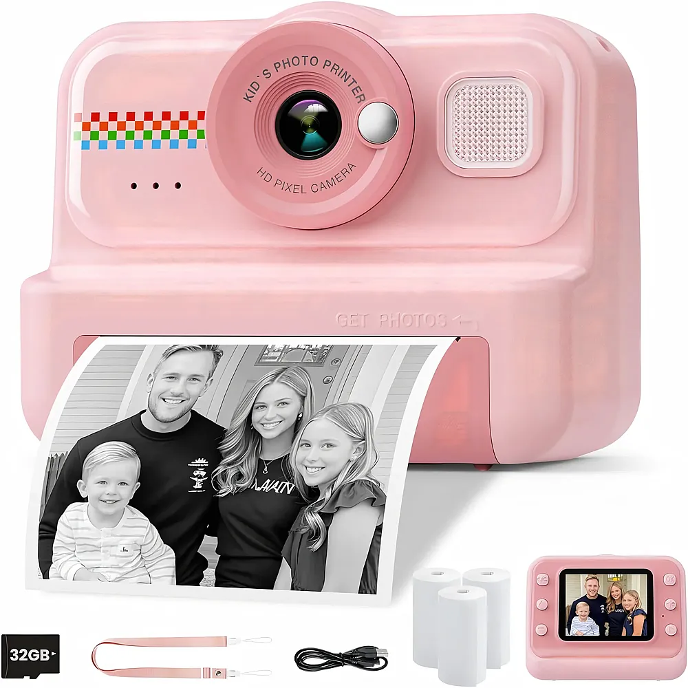HiMont Kinderkamera Sofortbildkamera, 1080P Sofortbildkamera Kinder mit 32GB Karte & 3 Rollen Druckpapier, lustige