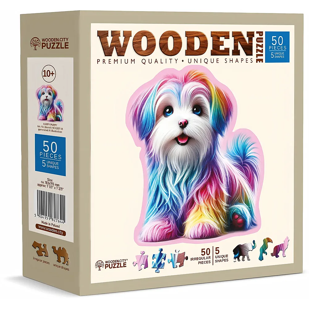meinspielzeug - Wooden City Puzzle Happy Puppy 50Teile | Holzpuzzle