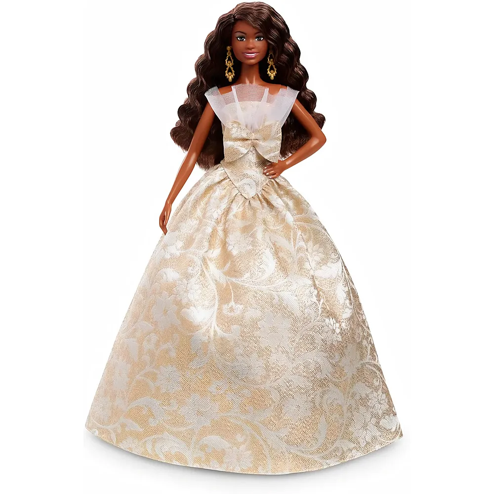 Barbie Signature 2025 Holiday, schwarzhaarige Modepuppe mit Kleid in Silber und Gold
