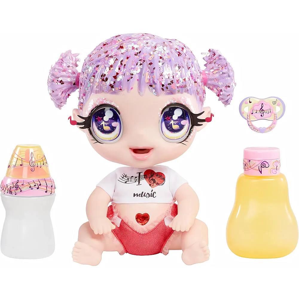 Glitter Babyz MGA Melody HIGHNOTE - Babypuppe mit 3 magischen Farbwechseln durch eiskaltes Wasser, Lavendel-Glitzer-Haar, Musik-Outfit, Windel, Flasche und Schnuller - F�r Kinder ab 3 Jahren