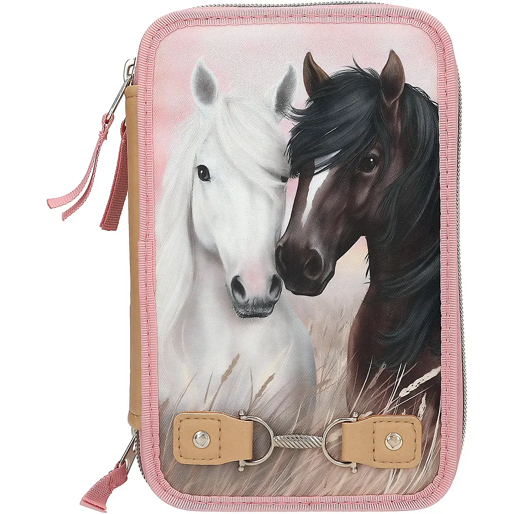 Depesche Miss Melody Dusty Rose - Gef�llte 3-Fach Federtasche in Altrosa, mit Pferde Motiv und Zier-Verschluss, Federmappe mit