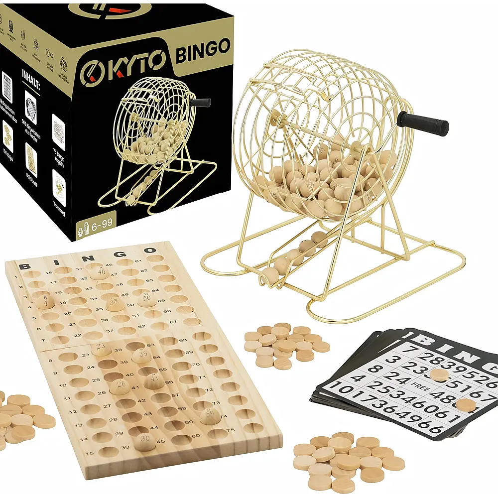 Kyto Grosses Bingo Spiel Gold Metalltrommel 150 Chips, 75 Bingo Kugeln und Spielbrett aus Holz, 18 stabile Bingokarten + 500 Bingokarten Papier Erwachsene Kinder