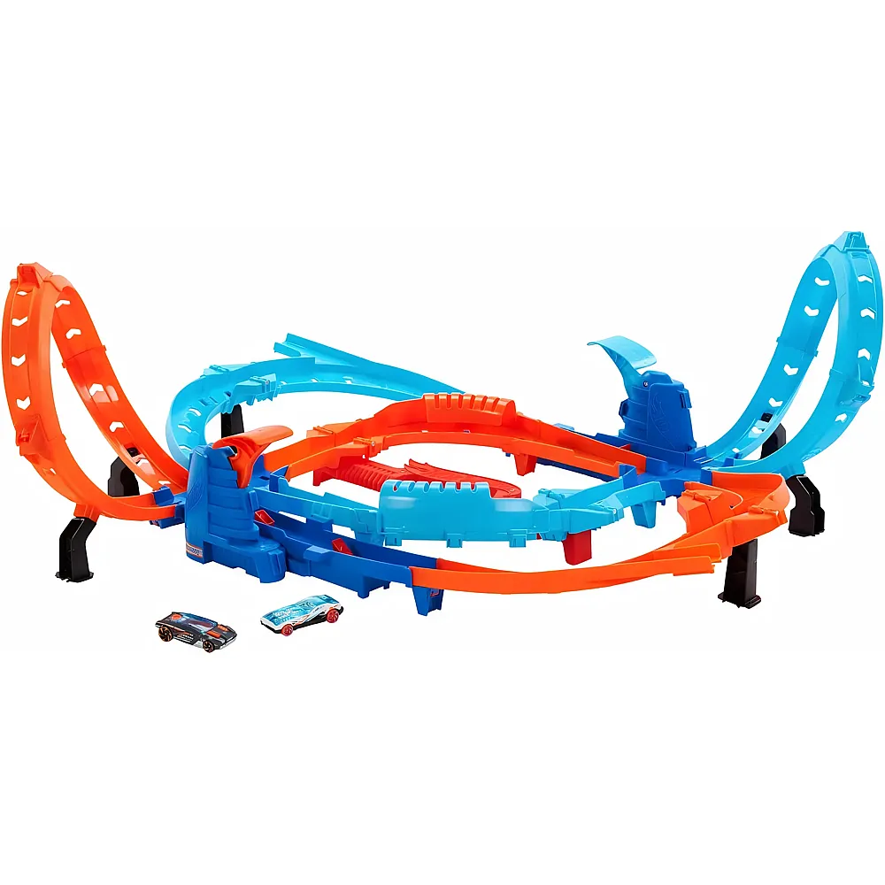 Hot Wheels Spielzeugauto Trackset, Ultra Hots Rasanter Wettkampfstart mit 2 Fahrzeugen im Massstab 1:64, Kopf-an-Kopf-Rennen und Stunts, 2 manuell bedienbare Starter, HXR71