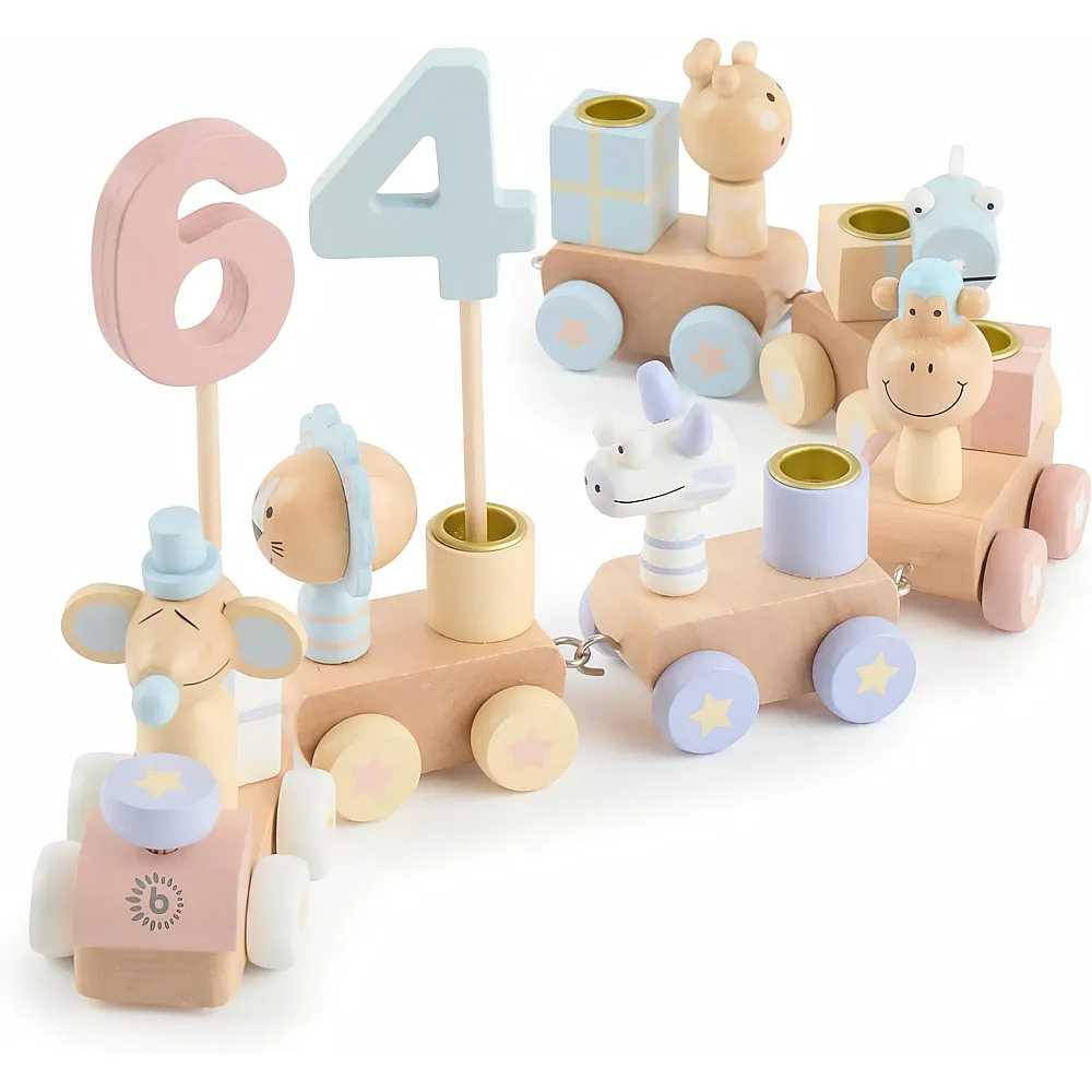 Bieco Geburtstagszug Holz - Candy Look 0-99 Jahre mit 6 Kerzen - Tischdeko Kindergeburtstag Kerzen Geburtstag Zug
