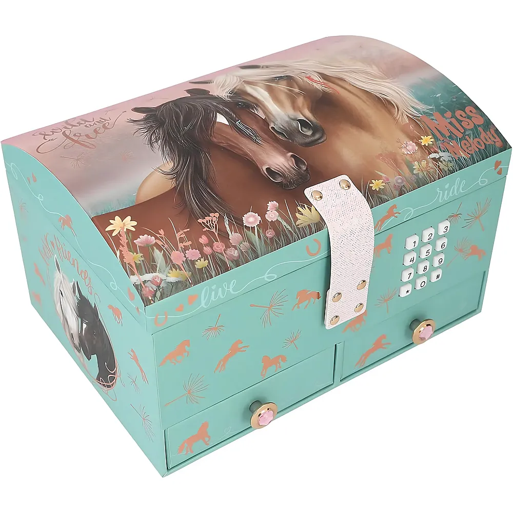 Depesche Miss Melody - Grosses Schmuckk�stchen in T�rkis und Rosa, mit Pferde Motiv und ros�goldenem Muster, Schmuckbox mit