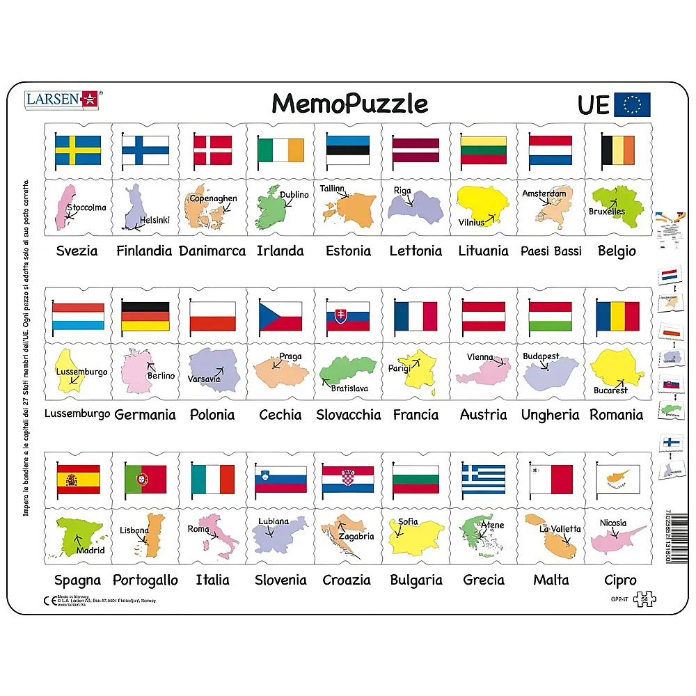 Larsen Puzzle Names, Flags and Capitals of 27 EU Member States Italian - 54 Teile