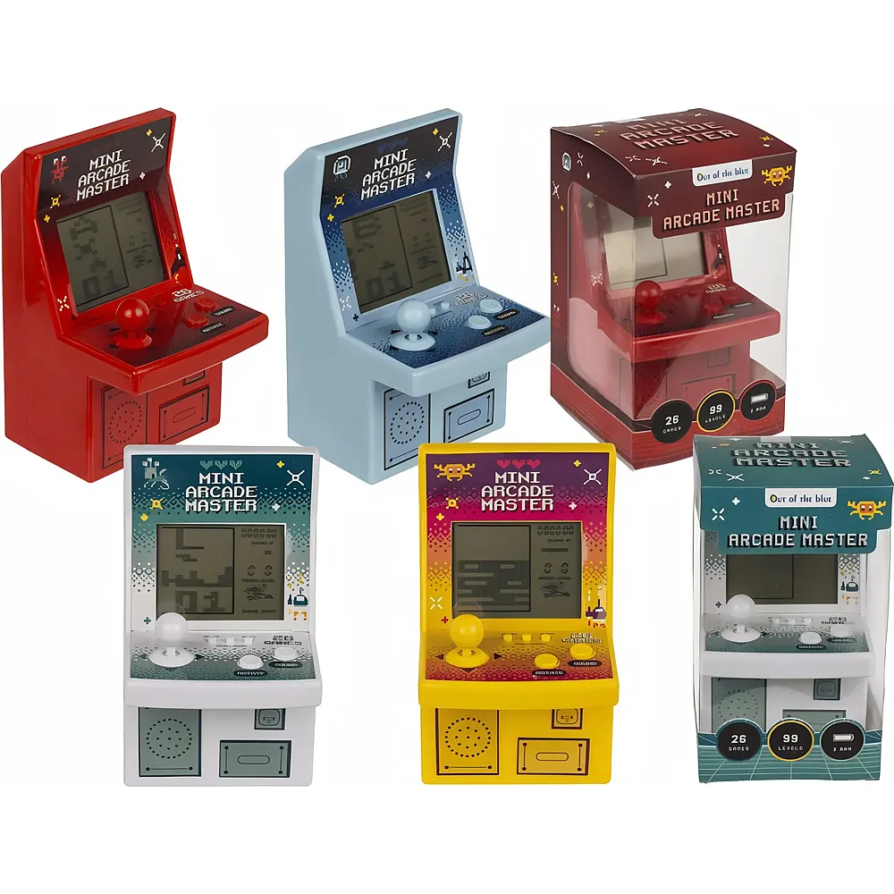 Out of the Blue Arcade Masters Mini-Spielautomat mit 26 Spielen, 4-farbig sortiert