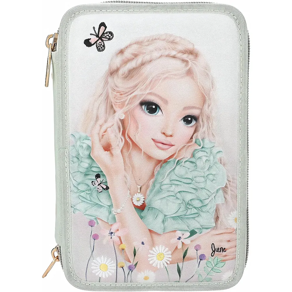 Depesche TOPModel Summer Feeling - Gef�llte 3-Fach Federtasche in Salbeigr�n, mit Model Motiv und Blumen, Federmappe mit
