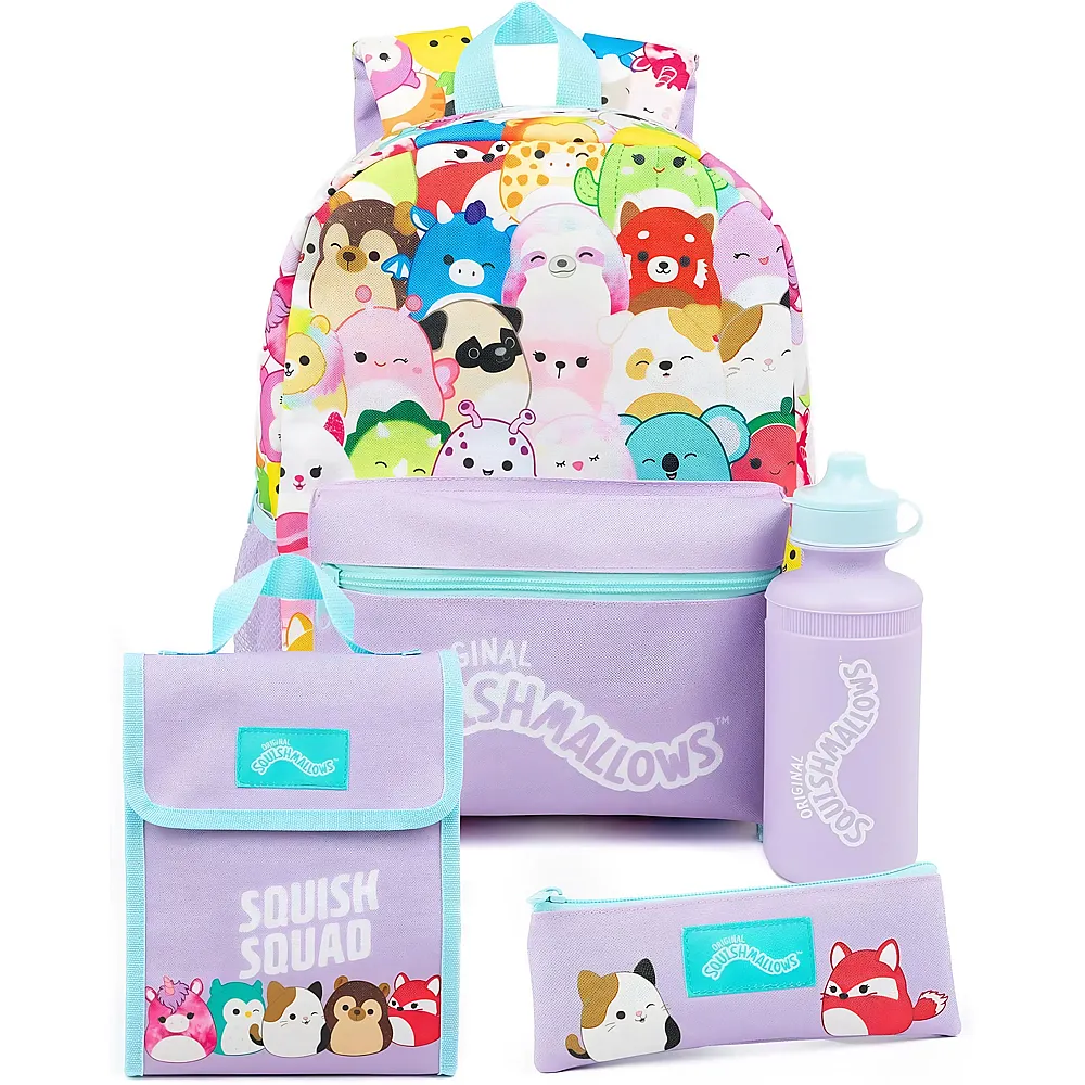Squishmallows Rucksack f�r M�dchen mit Wasserflasche, Federm�ppchen und Umh�ngetasche - 4 Teile