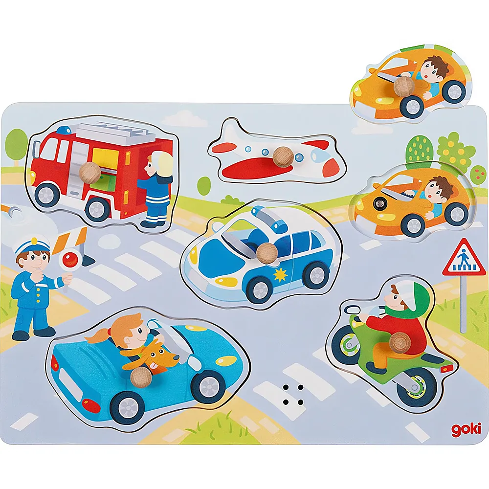 Goki Puzzle Verkehr mit Fahrzeuggeruschen 6Teile | Holzpuzzle