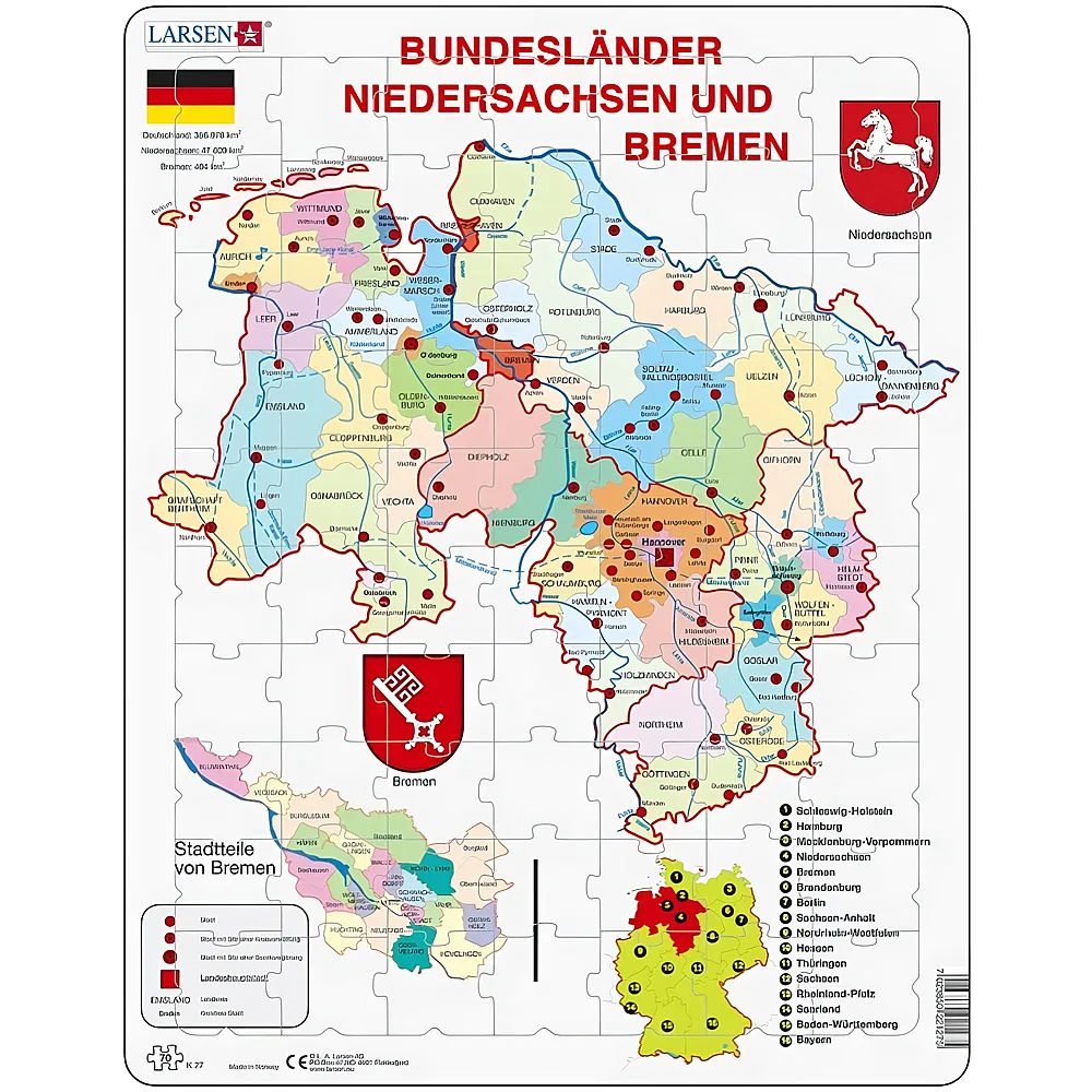 Larsen Puzzle Bundesland: Bremen and Niedersachen - 70 Teile - Rahmenpuzzle