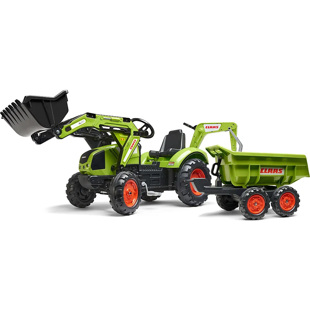 meinspielzeug - Falk Trettraktor Claas mit Frontlader, Heckbagger und Anh�nger | Trettraktoren