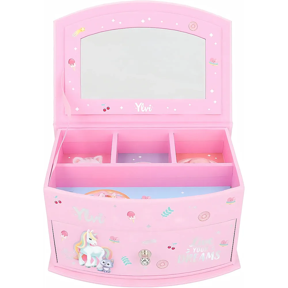 Depesche Ylvi - Kleines Schmuckk�stchen in Pink, mit Einhorn Motiv und Muster, Schmuckbox mit Klappdeckel und Spiegel
