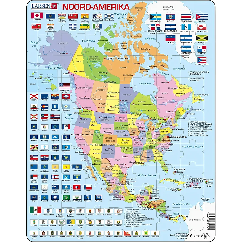 Larsen Puzzle Puzzlekarte Nordamerika mit Staaten und Flaggen, 70-tlg.