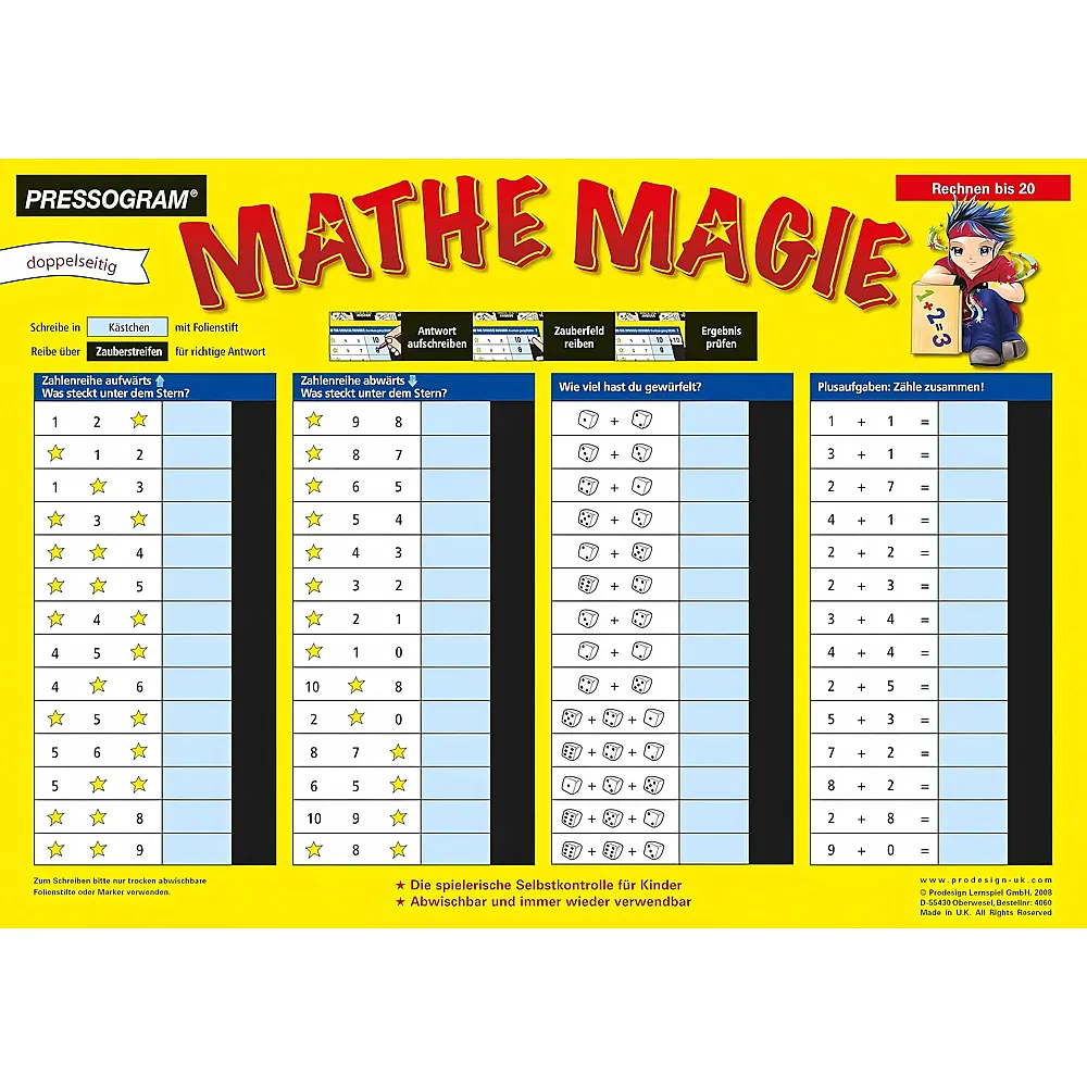 Hagemann Zaubertafel Mathematik - Rechnen bis 20  Rechen-Tafel mit Selbstkontrolle zum spielerischen Lernen von Addition und