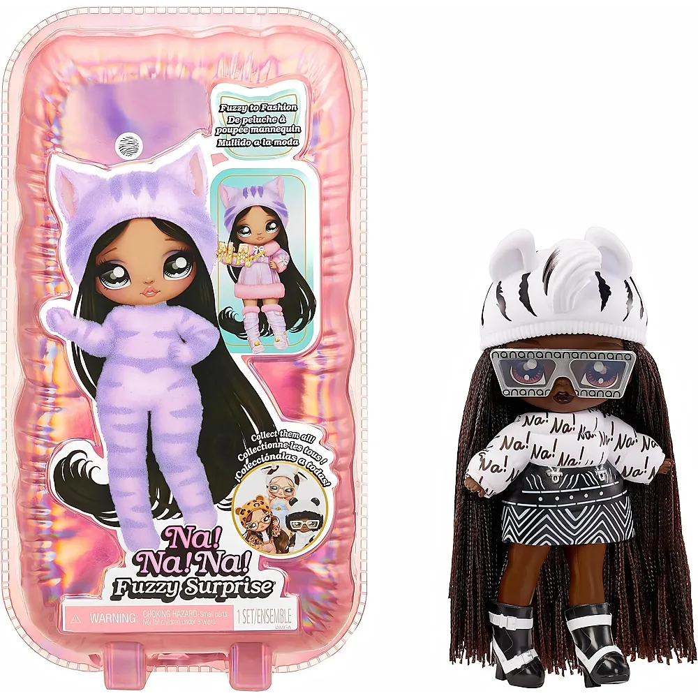 MGA NA NA NA Surprise Fuzzy Surprise Serie 1 - Zara Zebra - 18 cm posierbare Modepuppe - Zebra-inspiriert mit beflocktem K�rper, Beanie, Brille, Outfit, und Schuhe - Spielzeug f�r Kinder ab 4 Jahren