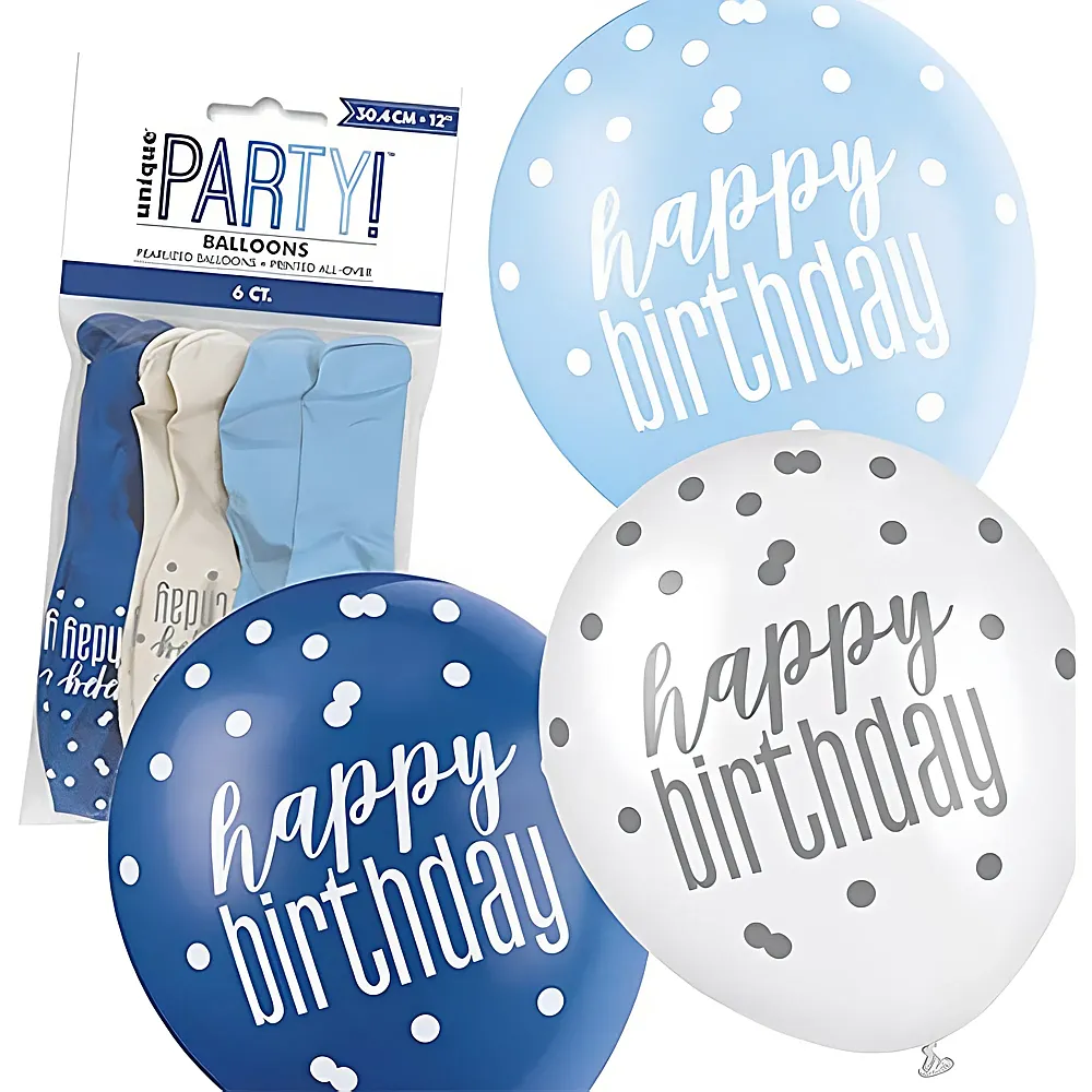Unique Luftballone Happy Birthday Blau-Mix 6Teile | Kindergeburtstag