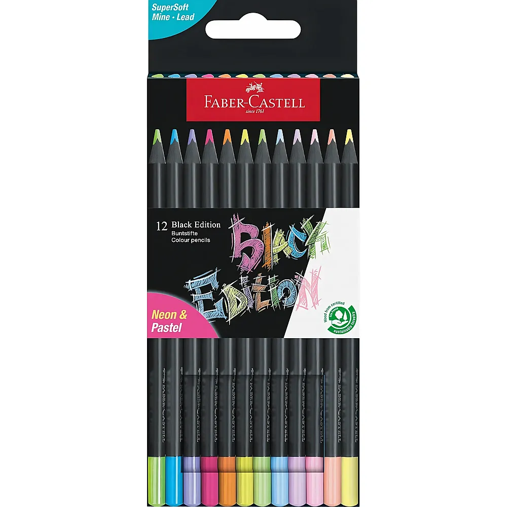 Faber-Castell 116410 - Buntstifte Black Edition, Neon + Pastell Farben, 12er Etui