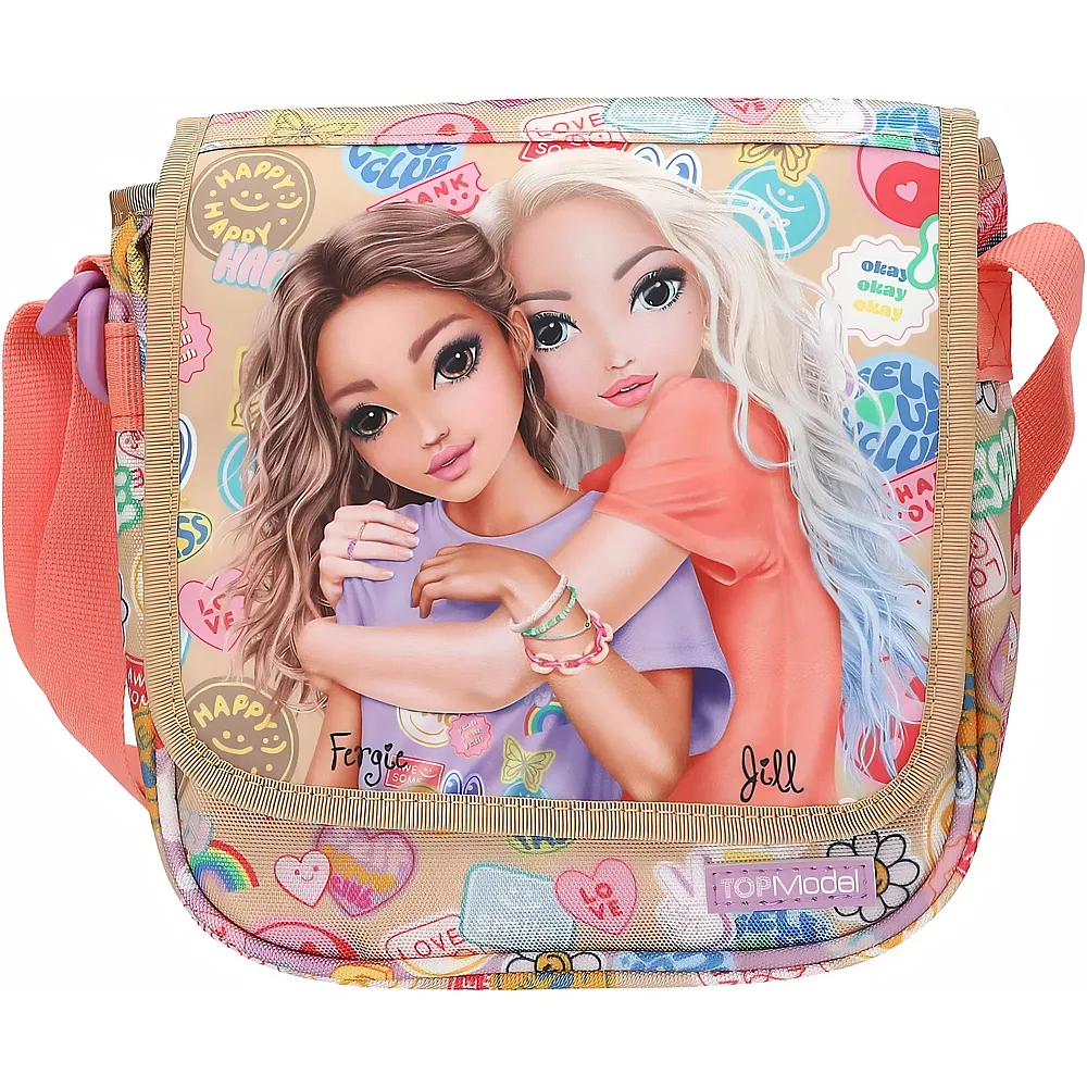 Depesche TOPModel Girl Power - Kleine Umh�ngetasche in Beige, mit Model Motiv und bunten Batches, Handtasche mit verstellbarem