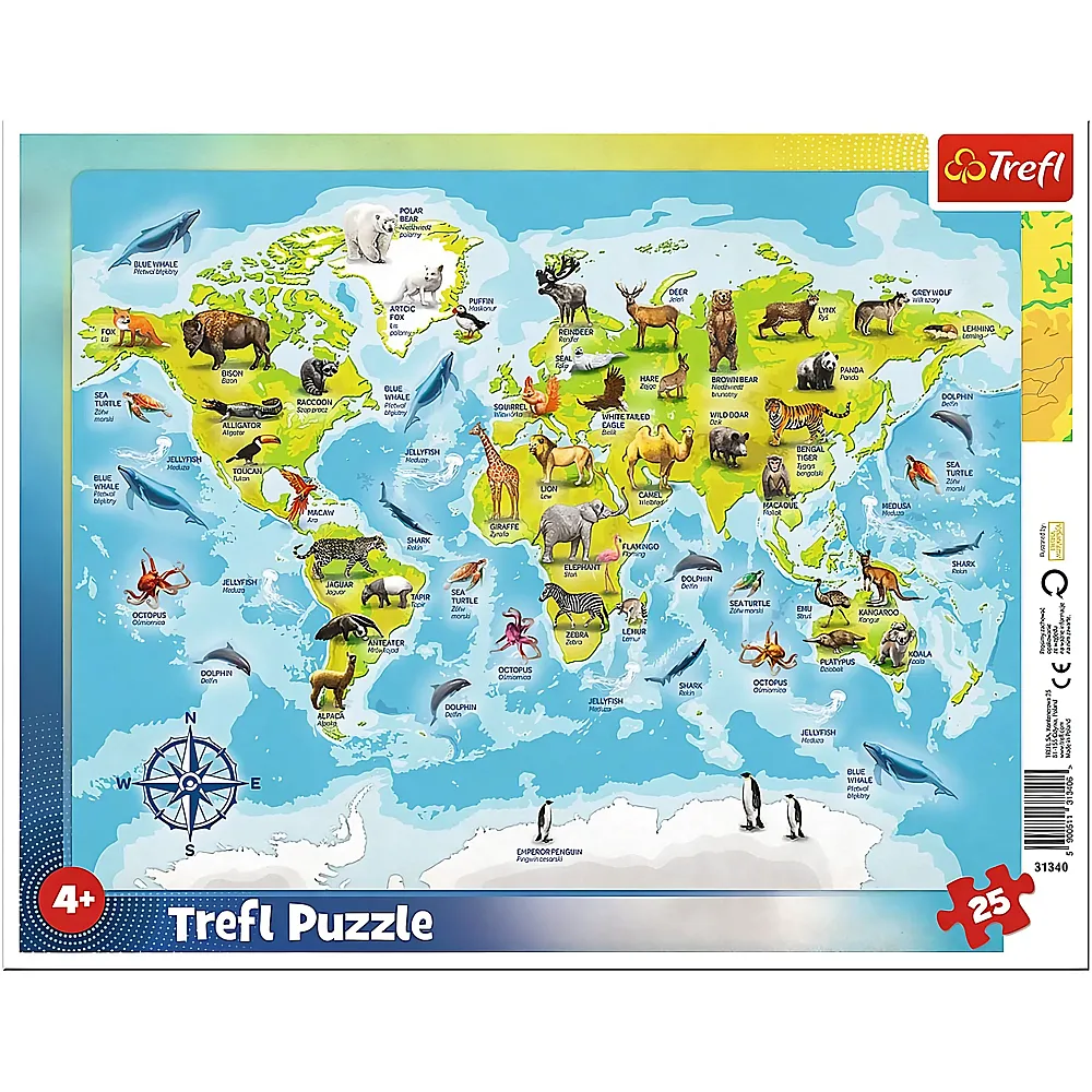 meinspielzeug - Trefl Puzzle Tierweltkarte - 25 Teile | Rahmenpuzzle