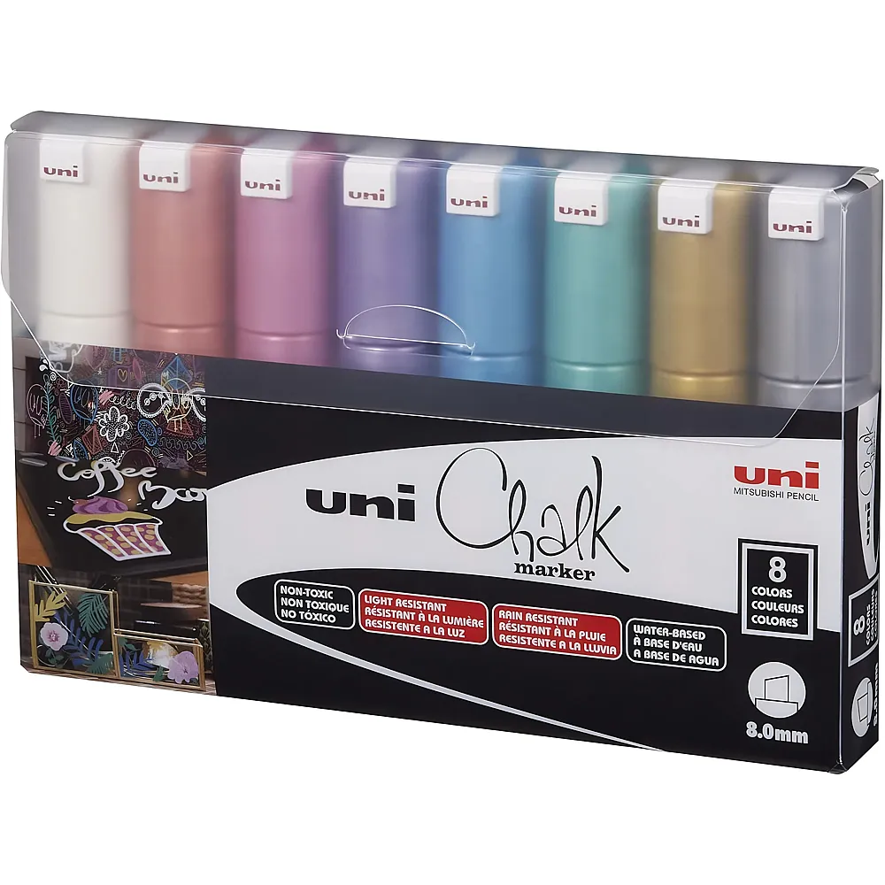 Uni Chalk Kreidemarker PWE-8K Keilspitze - 8 Teile - Farbe & Kreide