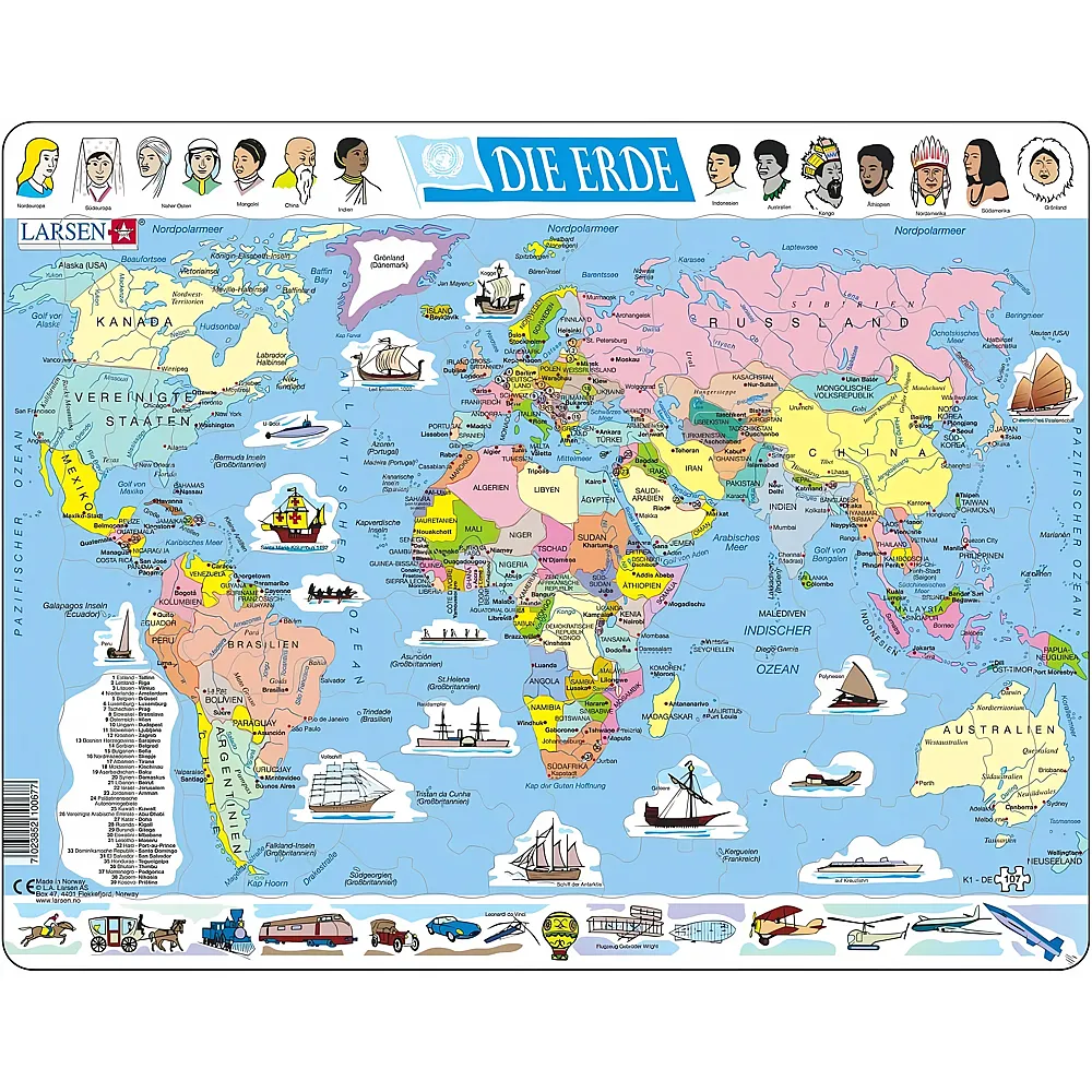 Larsen Puzzle Weltkarte - 107 Teile