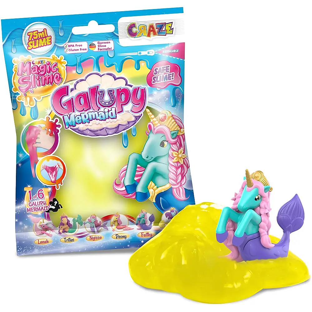 CRAZE Magic Slime Bag GALUPY Mermaid  Schleim Kinder im Beutel 75ml Slime Set mit Galupy Mermaid Einhorn Figur