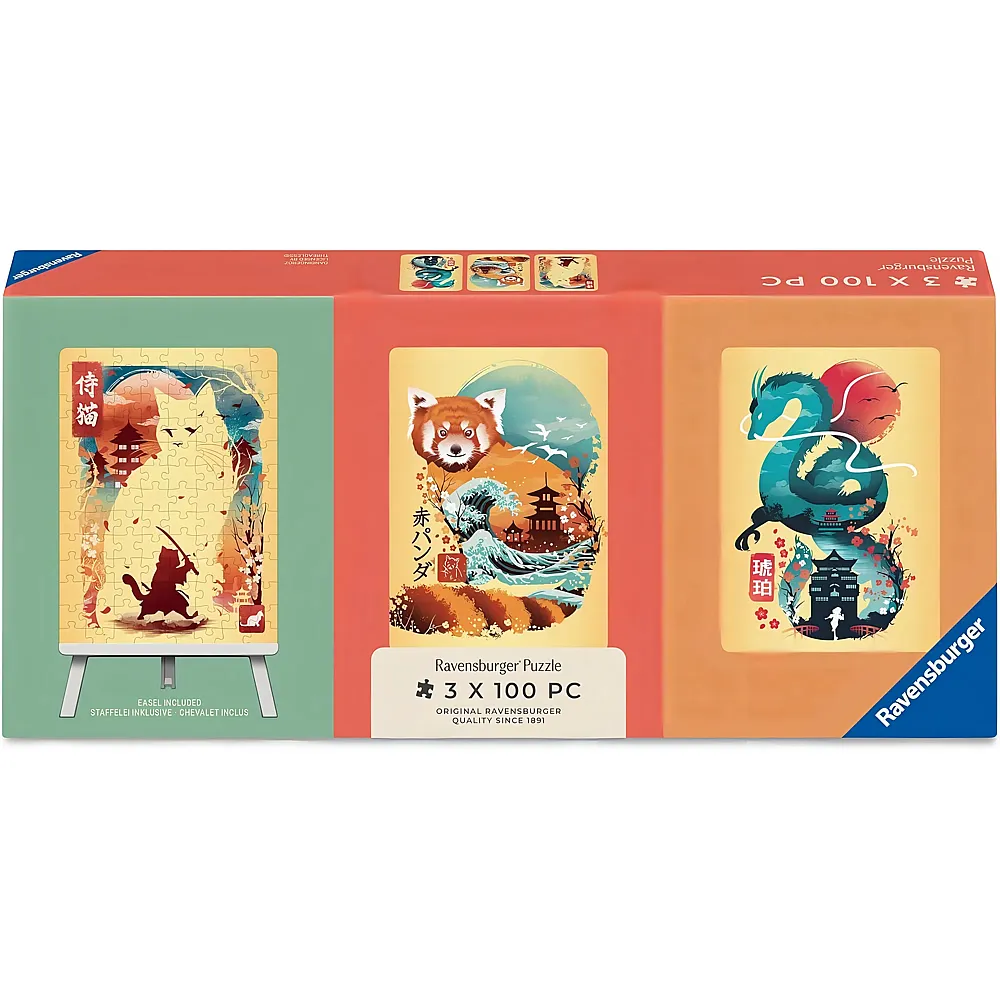 Ravensburger Puzzle 3in1 Ukiyo-e Katzenkrieger, Roter Panda & Drache - 100 Teile