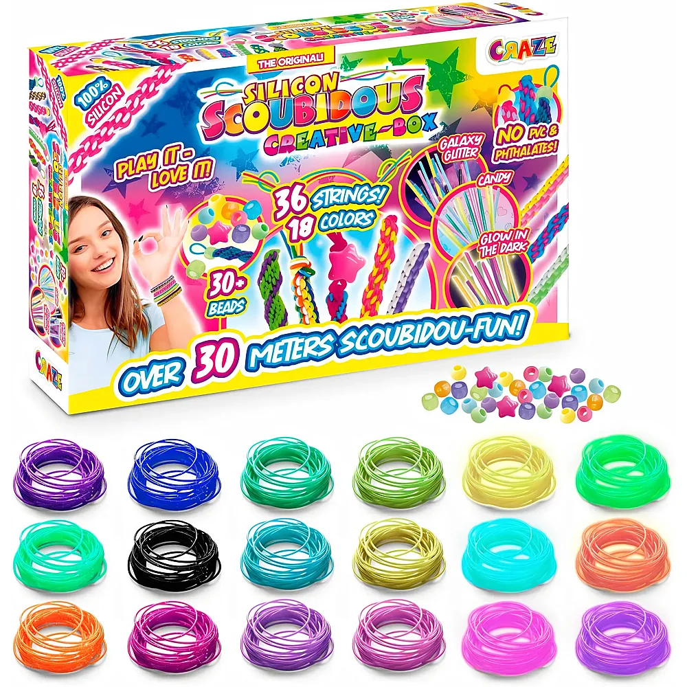 Craze Scoubidou B�nder Kreativ Box mit 36 Silikon Skubidub�nder inkl. 30+ Anh�ngsel & Perlen